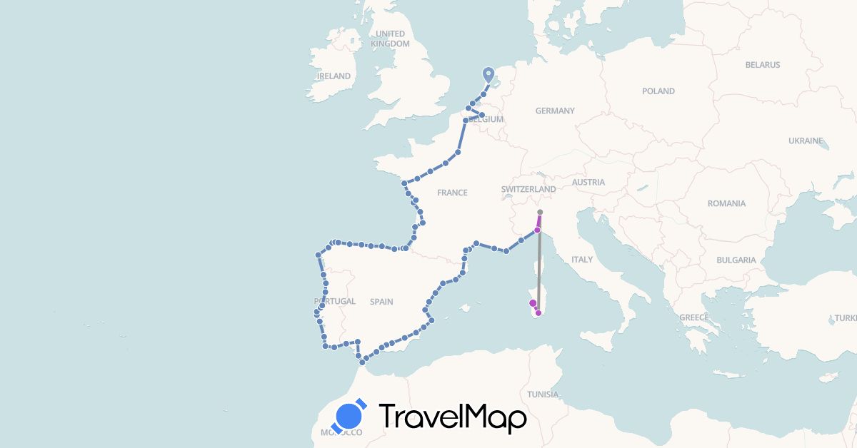 TravelMap itinerary: plane, cycling, train in Belgium, Spain, France, Italy, Netherlands, Portugal (Europe)