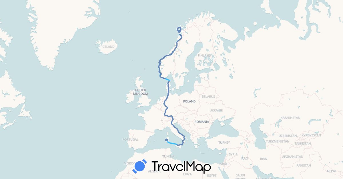 TravelMap itinerary: cycling, boat in Austria, Germany, Denmark, France, Italy, Norway (Europe)